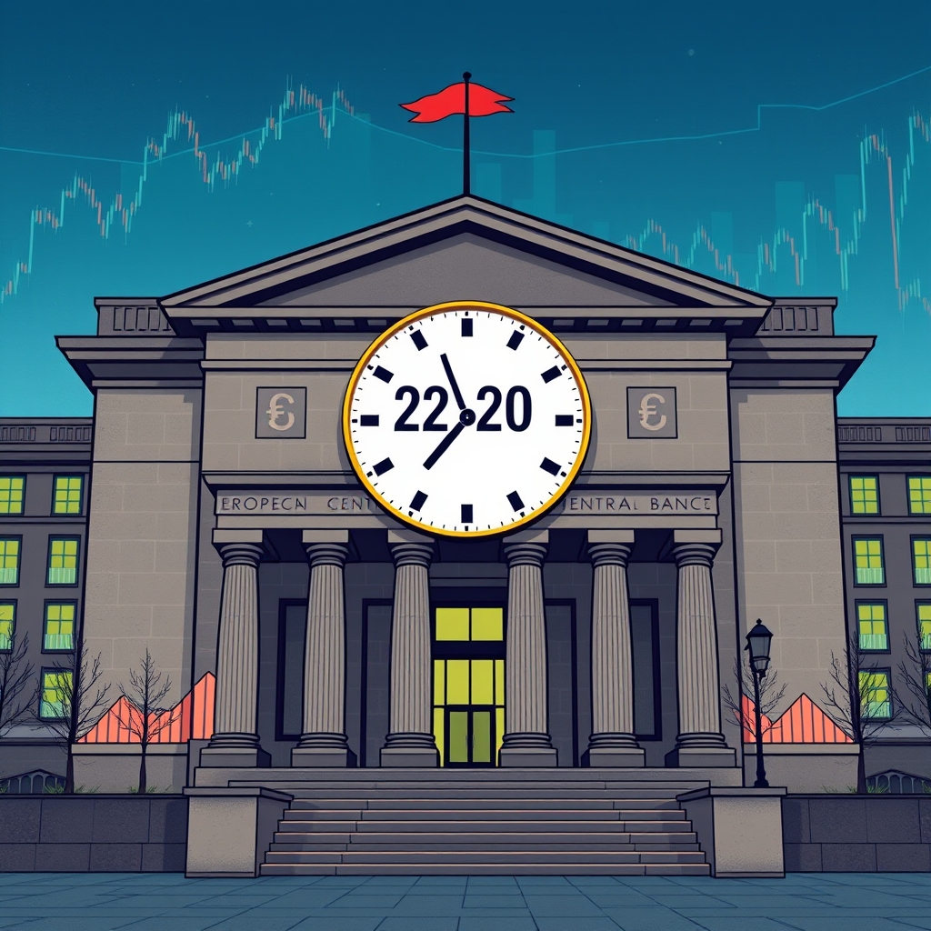 An illustration depicting the European Central Bank building with a large clock showing the time as 2:30, symbolizing the decision to hold interest rates steady. In the foreground, financial graphs and charts are visible, indicating market reactions.