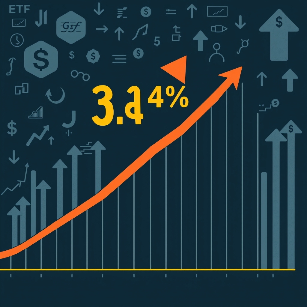 A graph showing the increase in U.S. GDP for the third quarter, with a highlighted percentage of 3.4%. The background features abstract financial symbols and upward arrows indicating growth.