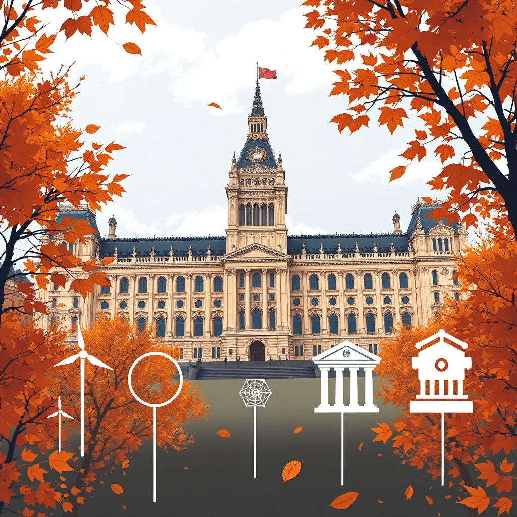 An illustration depicting the UK Parliament building with autumn leaves falling around it, symbolizing the UK Autumn Budget 2026. In the foreground, icons representing energy, banking, and defense are arranged to highlight key budget themes.